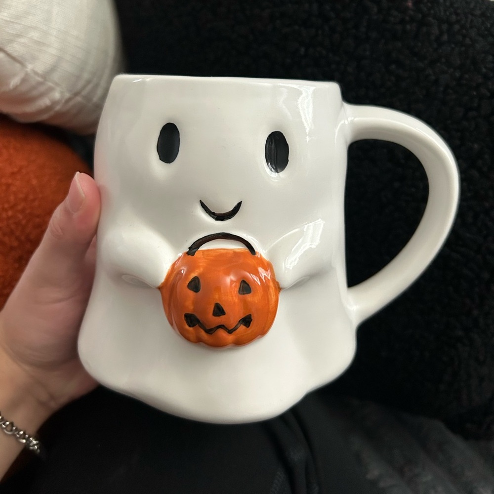 Ghost Mug with Pumpkin Design